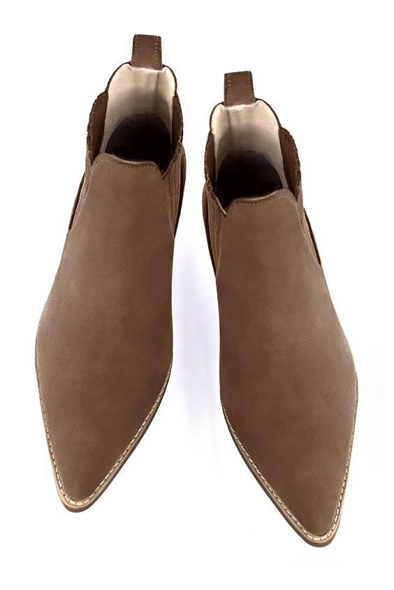 Chocolate brown women's ankle boots, with elastics. Tapered toe. Low cone heels. Top view - Florence KOOIJMAN